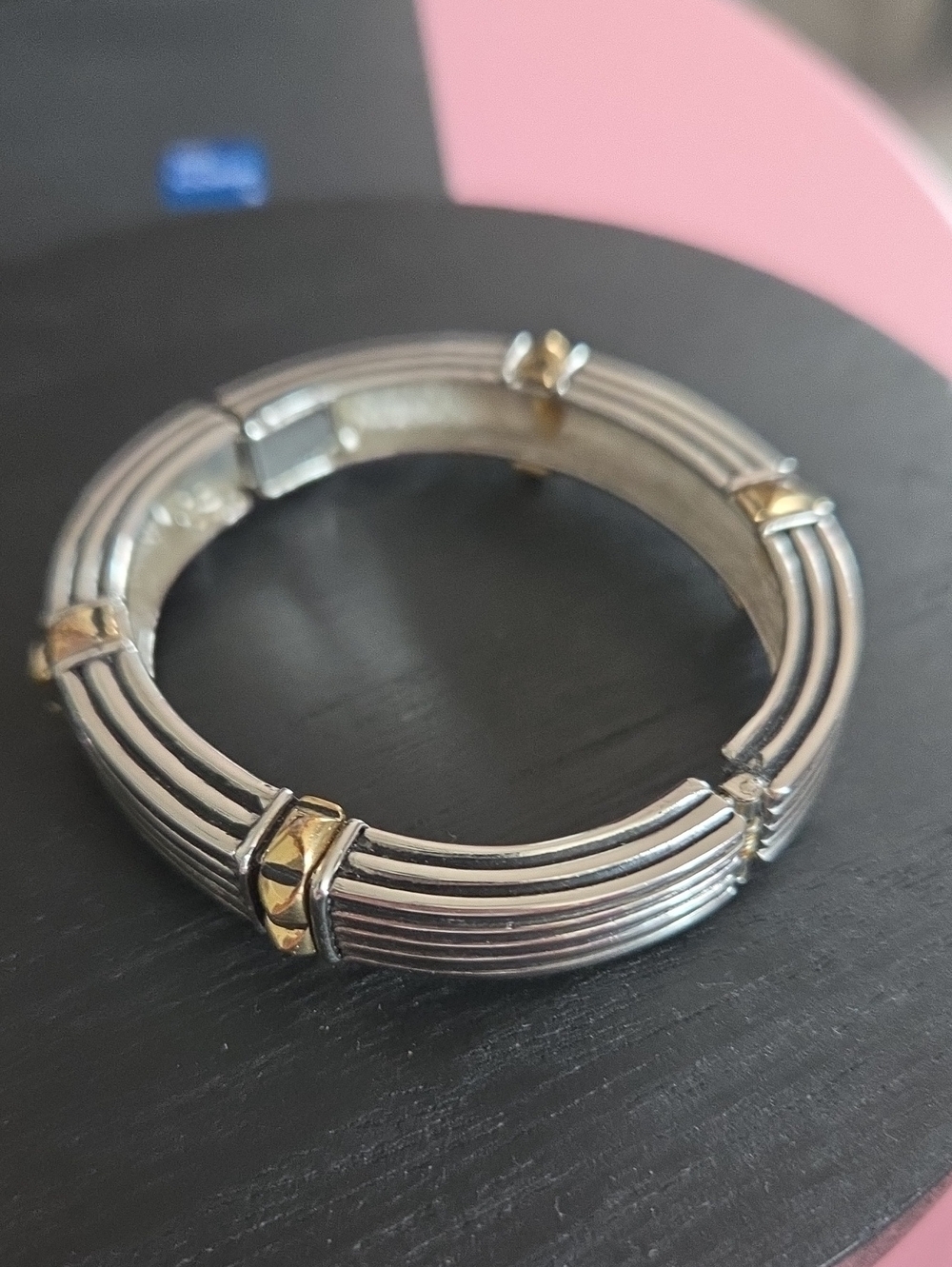 Two-Tone Silver and Gold Ribbed Stackable Bangle Bracelet - Picture 7 of 9